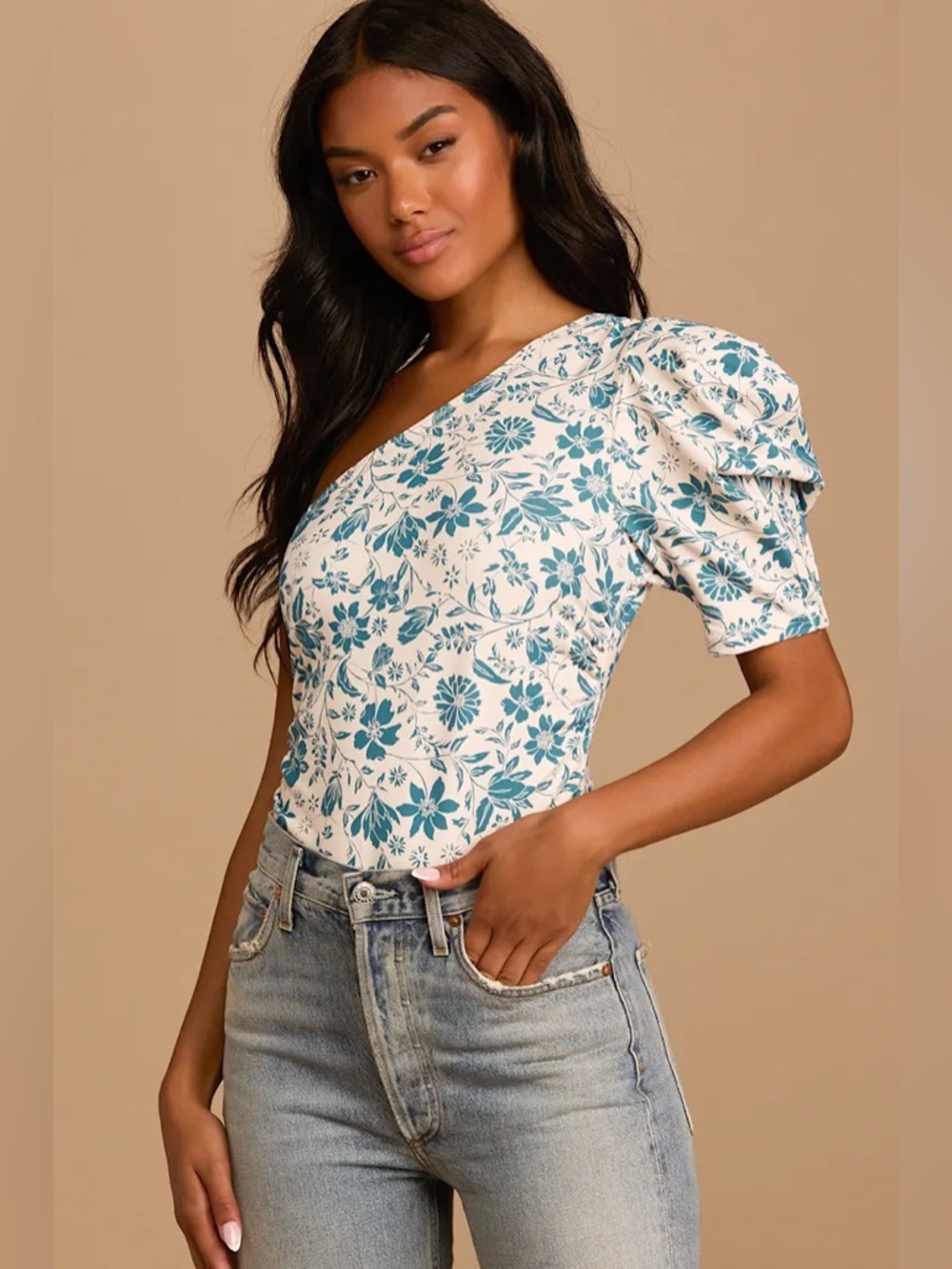NWT Somethin Bout You Cream Floral Print One-Shoulder Bodysuit